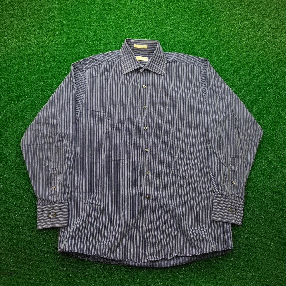 MICHAEL Michael Kors Dress Shirt Mens Large 16 34/35 Blue Striped Button Up